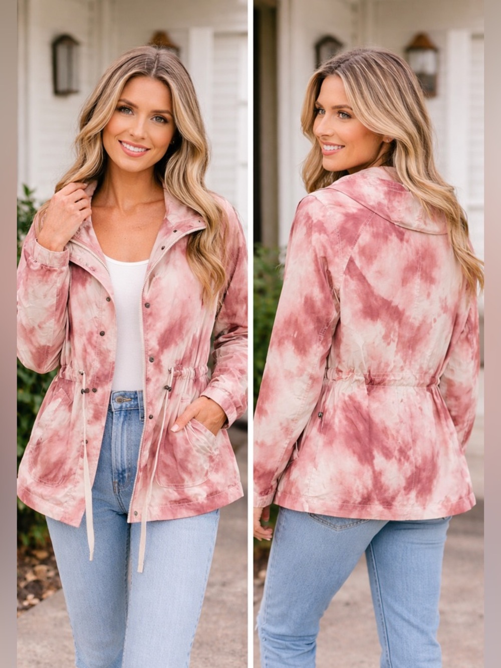 Tie-Dye Pink Anorak Jacket with Drawstring Waist - Women